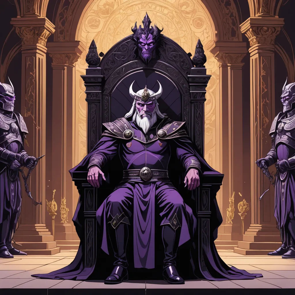 a man sitting on a throne with other men standing around him in front of a doorway with columns and arches, fantasy art, concept art, Art of Brom, purple