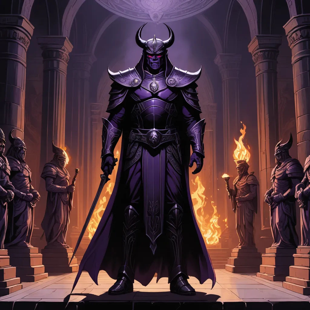 a man in a purple outfit standing in a room with flames behind him and a demon on his back, fantasy art, concept art, Art of Brom, magic the gathering artwork
