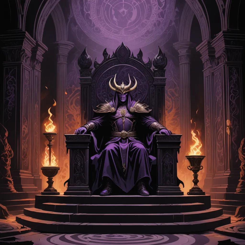 a man sitting on a throne with a horned head on it's head and a purple robe on, fantasy art, concept art, Art of Brom, magic the gathering artwork