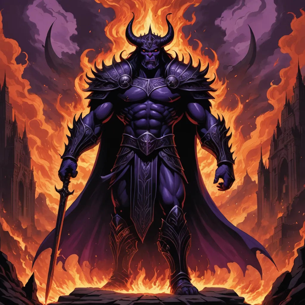 a demonic demon standing in front of a fire filled sky with a sword in his hand and a demon on his chest, fantasy art, concept art, Art of Brom, magic the gathering artwork