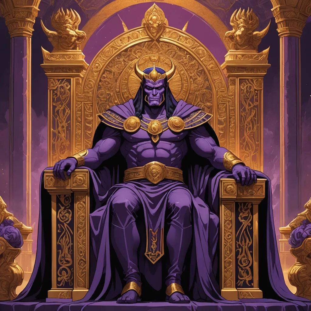 a purple and gold statue of a man sitting on a throne with a crown on his head and a golden crown on his head, sumatraism, concept art, Donato Giancola, purple