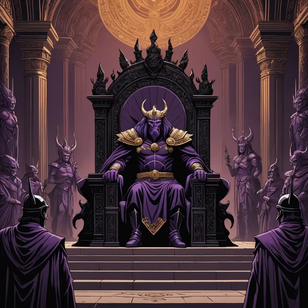 a purple and gold colored illustration of a man sitting on a throne surrounded by other men in purple robes, fantasy art, concept art, Dan Mumford, purple