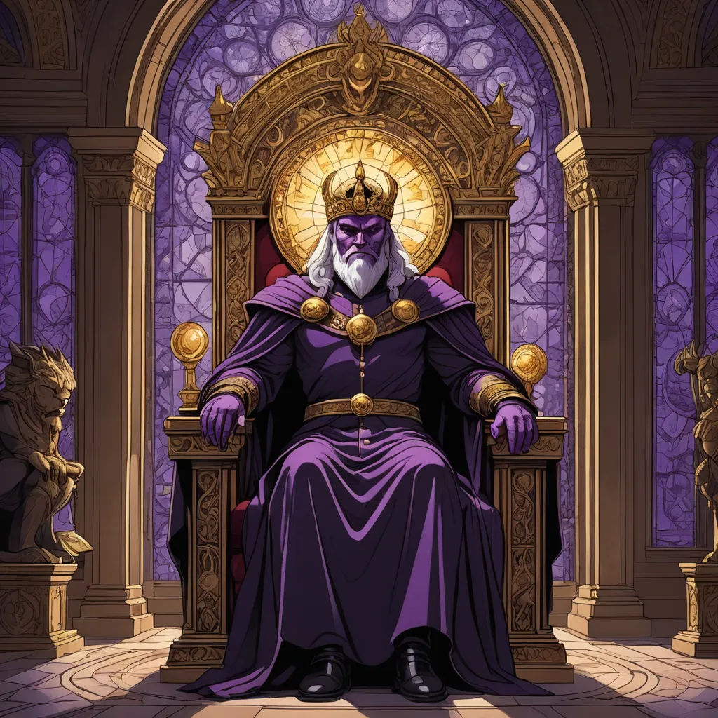 a purple and gold king sitting on a throne in a room with stained glass windows and a stained glass window, sots art, concept art, Cedric Seaut (Keos Masons), purple