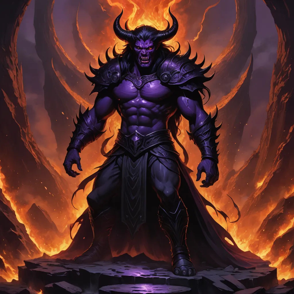 a demonic demon with horns and a huge head standing in a flamey area with his hands on his hips, fantasy art, concept art, Art of Brom, magic the gathering artwork