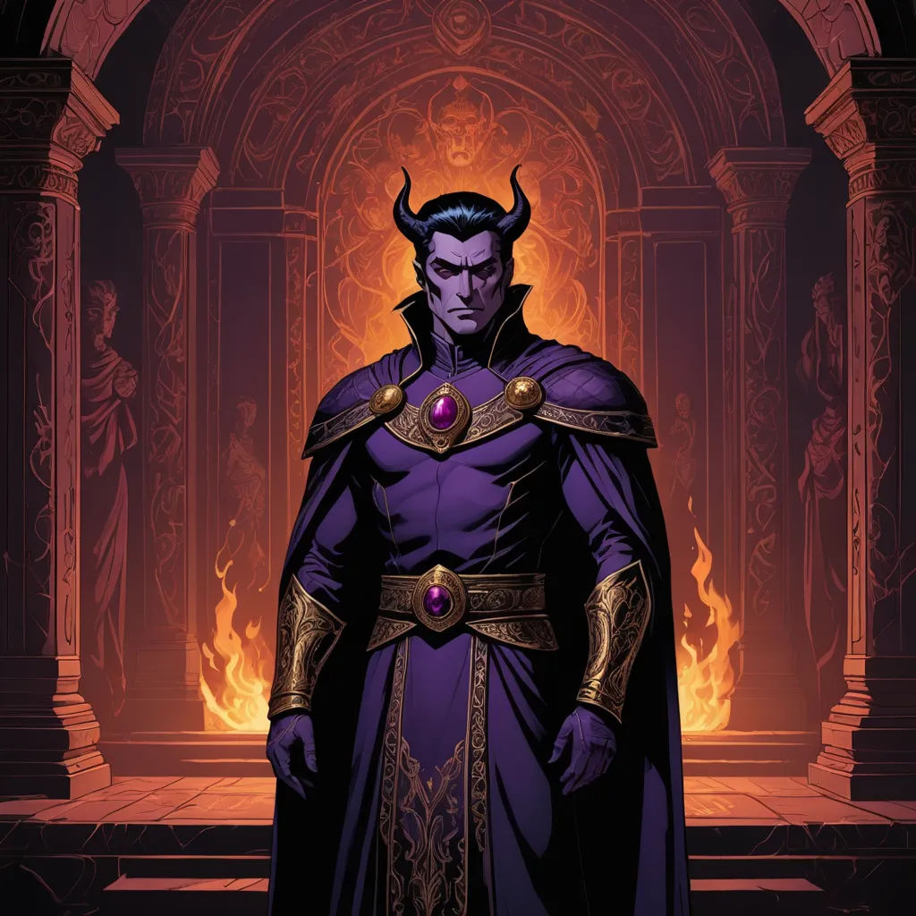 a man in a purple outfit standing in front of a fire pit with horns on his head and a demon like face, fantasy art, a character portrait, Art of Brom, magic the gathering artwork