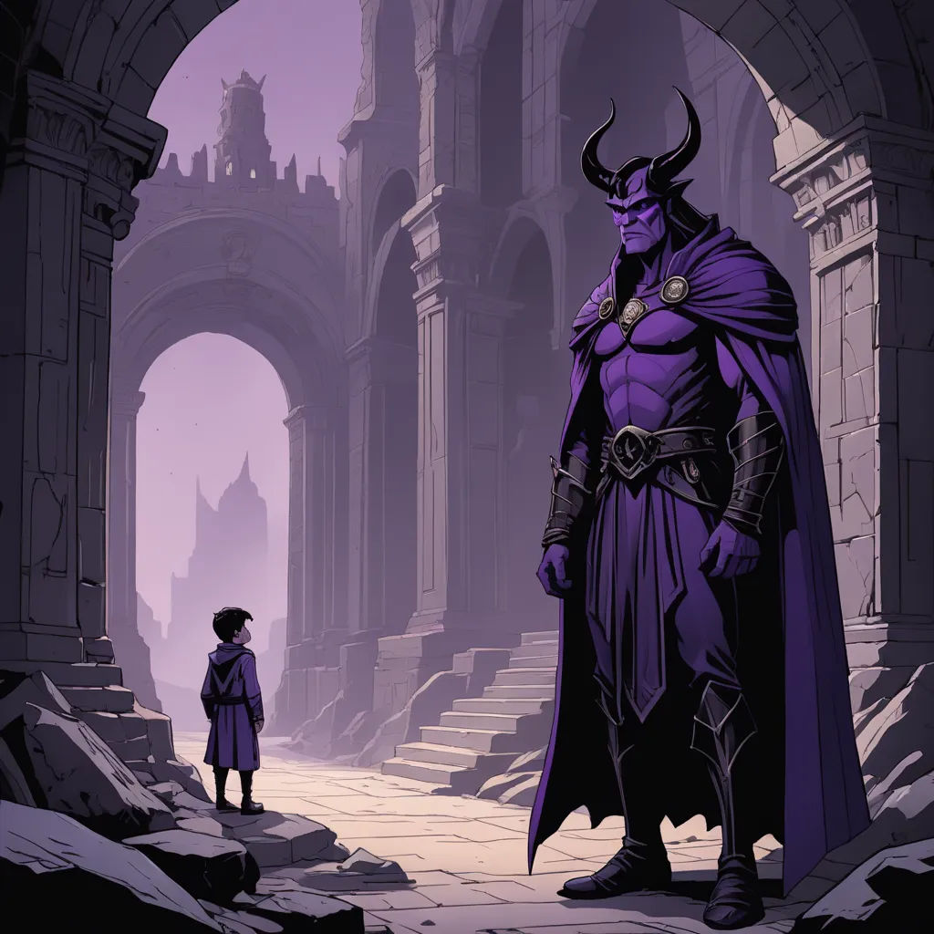 a man in a purple cape standing next to a man in a purple cloak and a purple cloak on his head, fantasy art, concept art, Art of Brom, purple