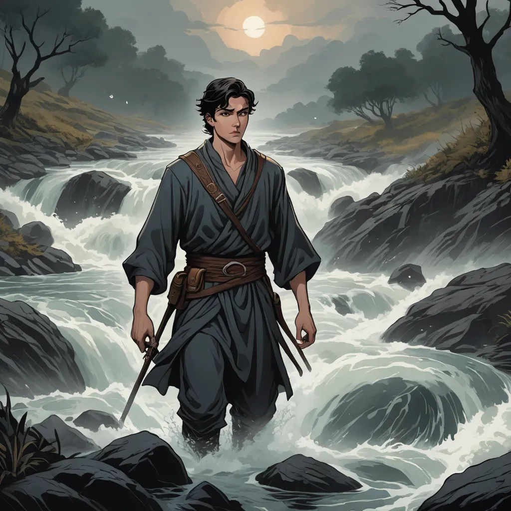 a man in a robe is walking through a river with a sword in his hand and a river running through it, fantasy art, a character portrait, Dirk Crabeth, comic cover art