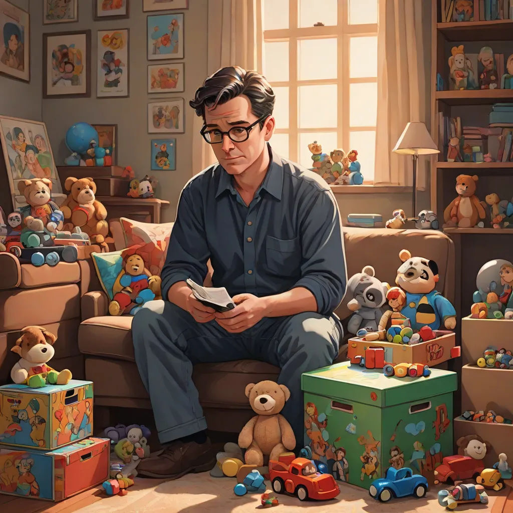 a man sitting on a couch surrounded by toys and stuffed animals in a room with a window and a teddy bear, Aaron Jasinski, serial art, a storybook illustration, highly detailed digital painting