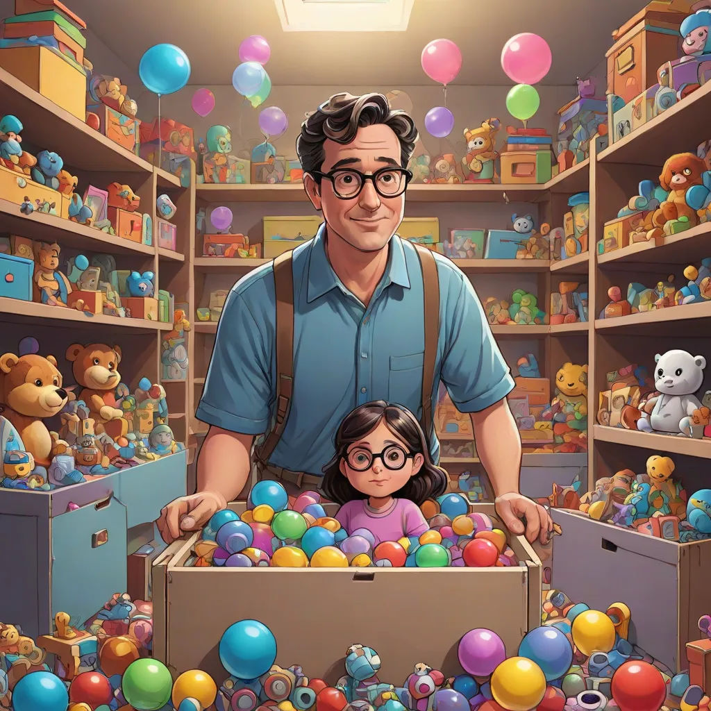 a man and a little girl are in a room full of toys and balloons and a teddy bear is in the corner, Chris LaBrooy, serial art, a storybook illustration, josan gonzales and dan mumford