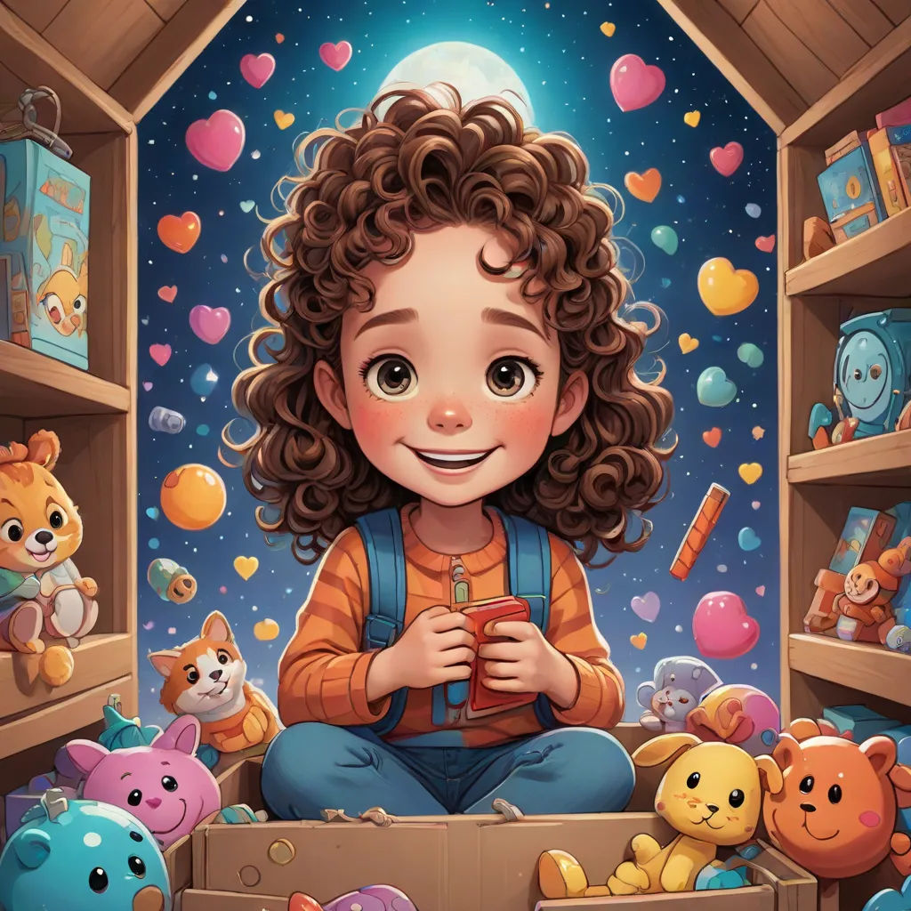 a girl sitting in a box surrounded by stuffed animals and toys, with a full moon in the background, Diego Gisbert Llorens, space art, a storybook illustration, highly detailed digital painting