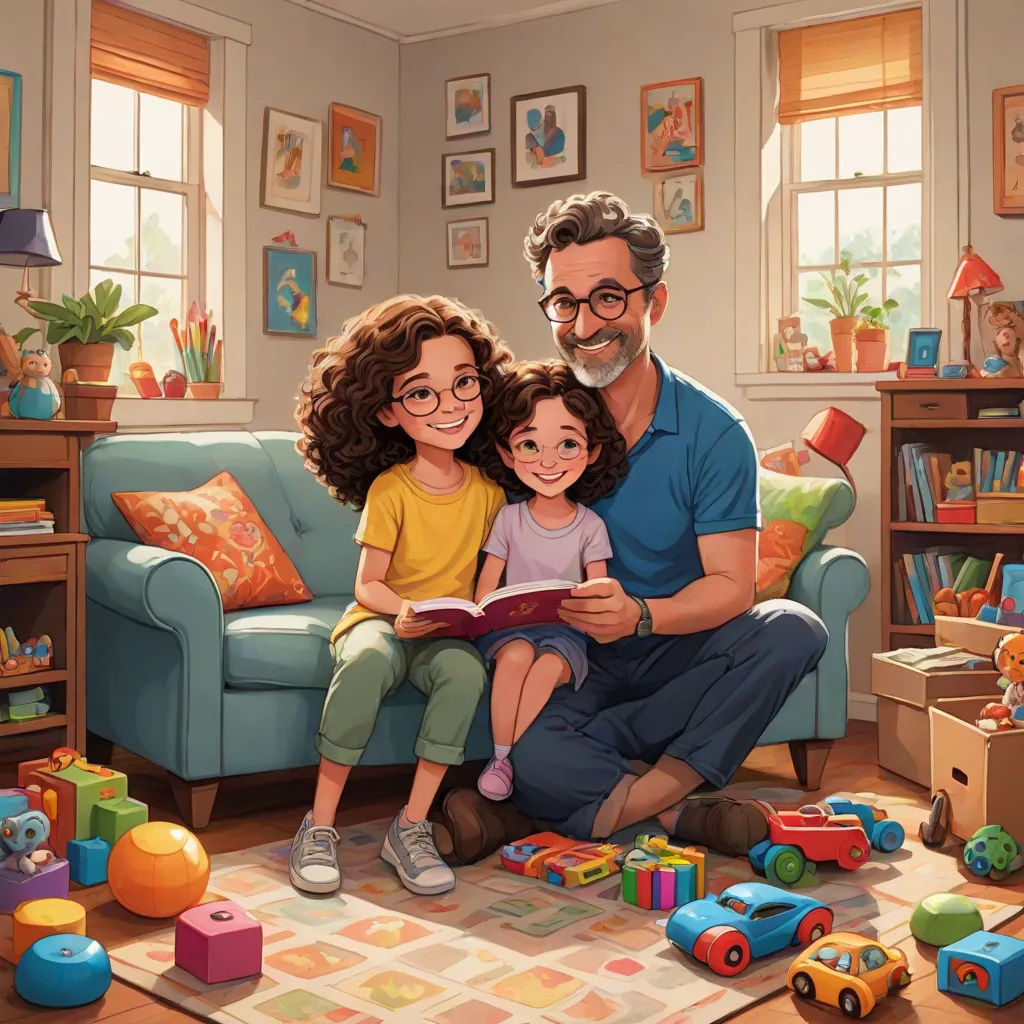 a man and two children sitting on a couch reading a book together in a living room with toys and books, Aaron Jasinski, american scene painting, a storybook illustration, storybook illustration