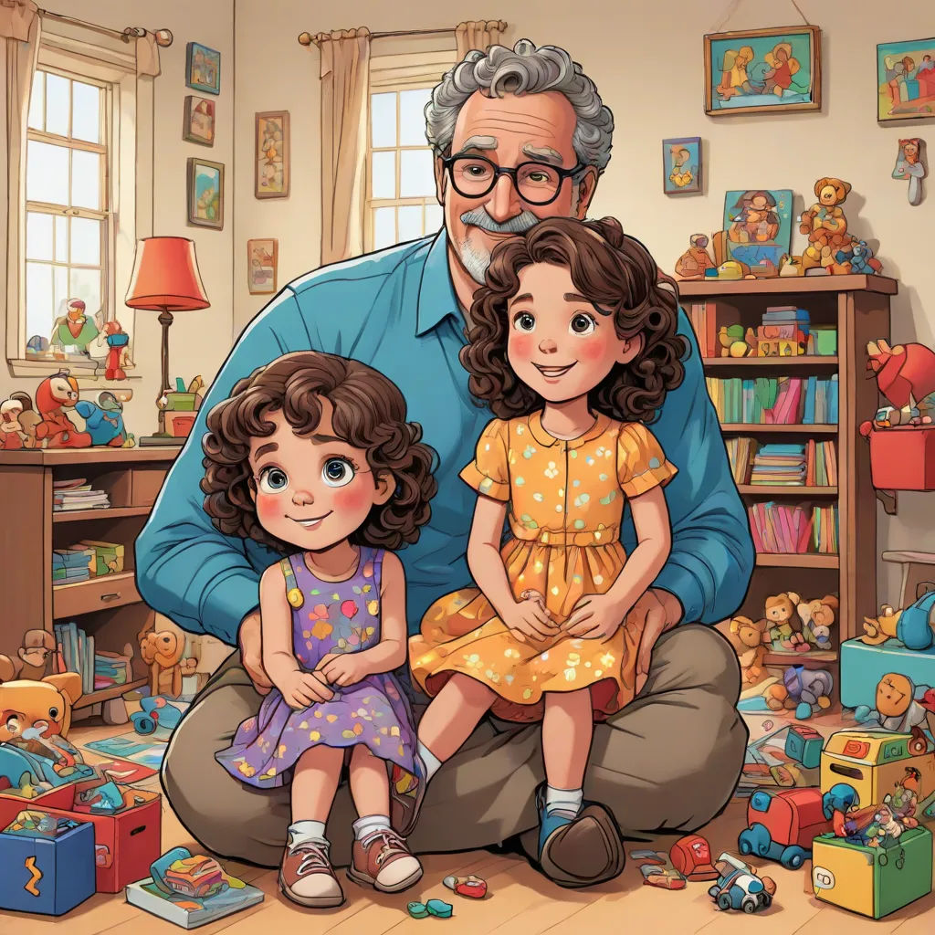 a man and two children are sitting in a room full of toys and toys on the floor and a man is holding a child, Cliff Childs, serial art, a storybook illustration, official art