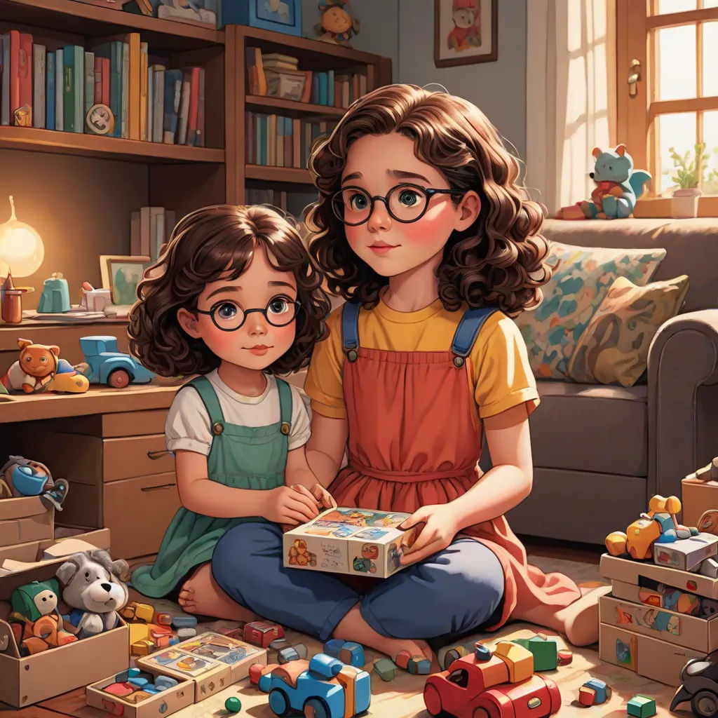 a painting of two girls sitting on the floor with toys in front of them and a bookcase in the background, Artgerm, serial art, a storybook illustration, game art