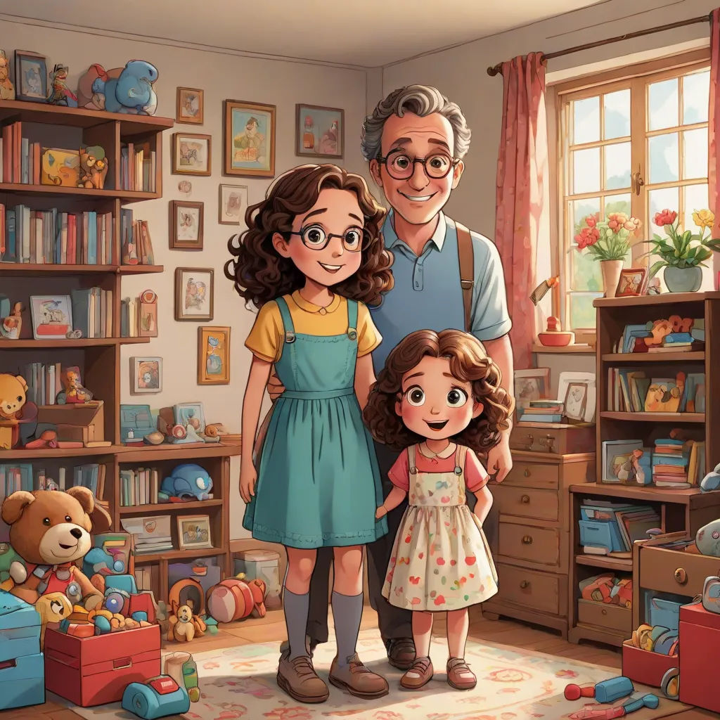 a man and a little girl standing in a room with a teddy bear and a teddy bear on the floor, Alejandro Burdisio, serial art, a storybook illustration, storybook illustration