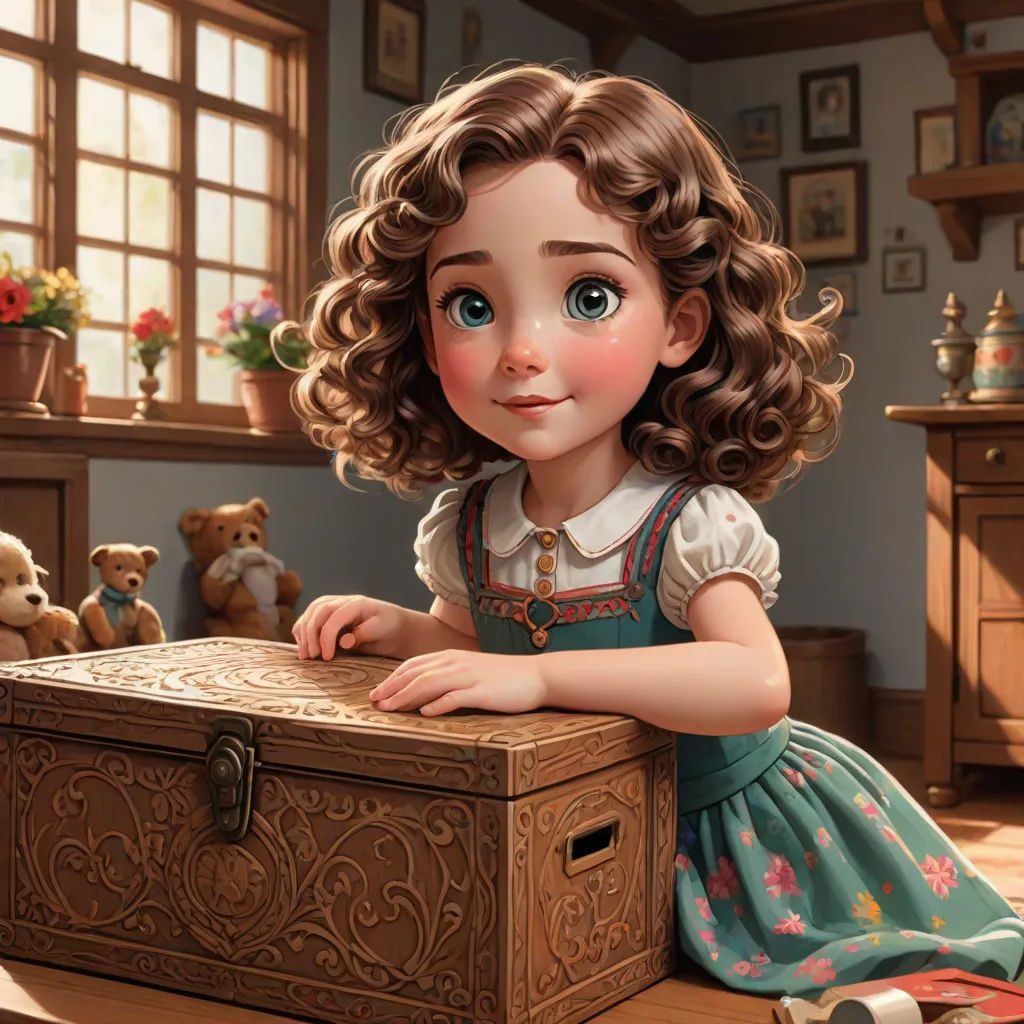 a cartoon girl sitting on a wooden box with teddy bears in the background and a teddy bear on the floor, Clarice Beckett, photorealism, a storybook illustration, cgstudio