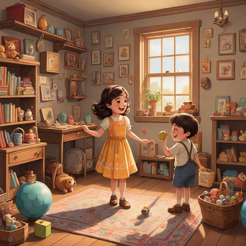 a painting of two children in a room with toys and books on the shelves and a rug on the floor, Chris LaBrooy, american scene painting, a storybook illustration, storybook illustration
