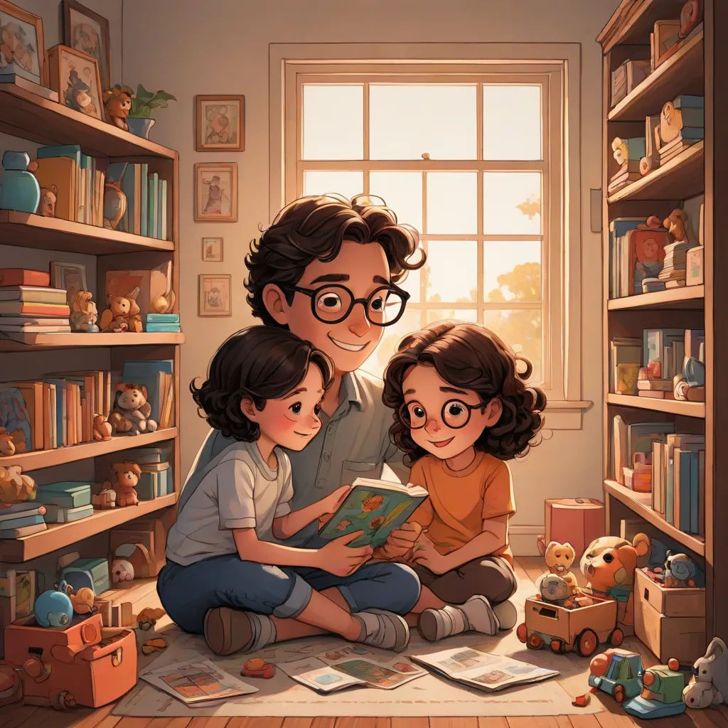 a man and two children reading a book in a room full of bookshelves and toys on the floor, Diego Gisbert Llorens, serial art, a storybook illustration, storybook illustration