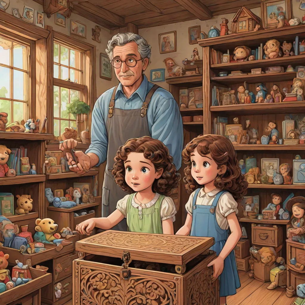 a man and two little girls standing in a room full of teddy bears and a teddy bear chest with a man holding a teddy, Bob Byerley, magical realism, a storybook illustration, storybook illustration