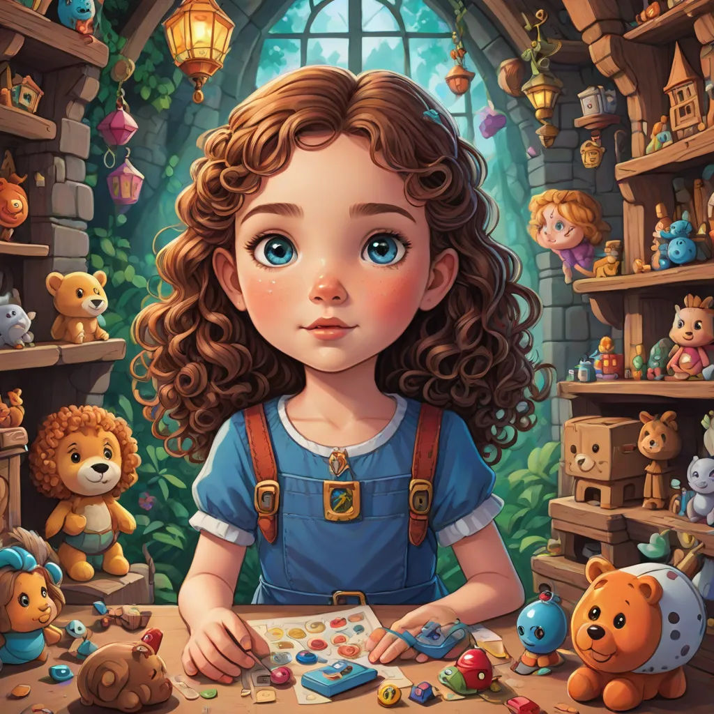 a painting of a girl in a room with stuffed animals and a window with a light on it and a teddy bear, Chris LaBrooy, fantasy art, a storybook illustration, highly detailed digital painting