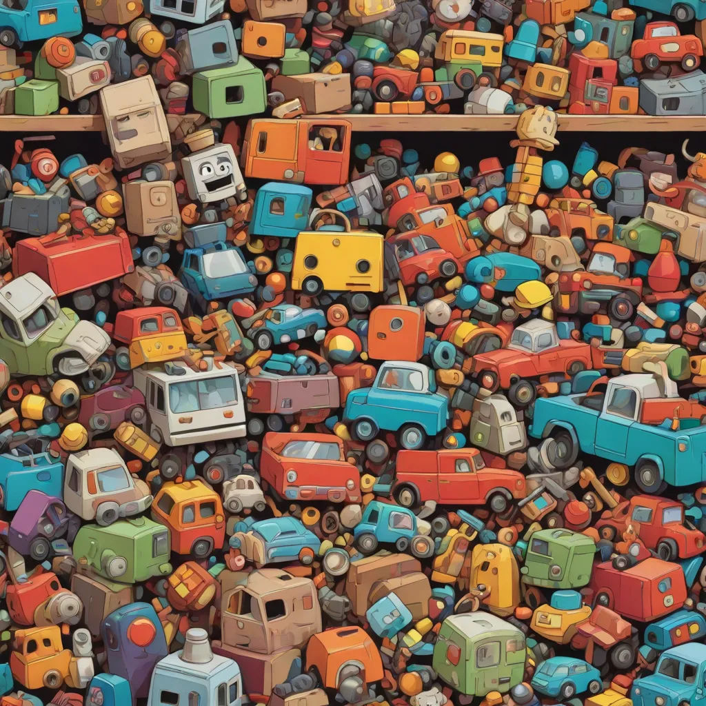 a large pile of colorful toy trucks and cars in a pile together on a shelf with a wooden shelf, Chris LaBrooy, postminimalism, an ultrafine detailed painting, pixar and disney animation