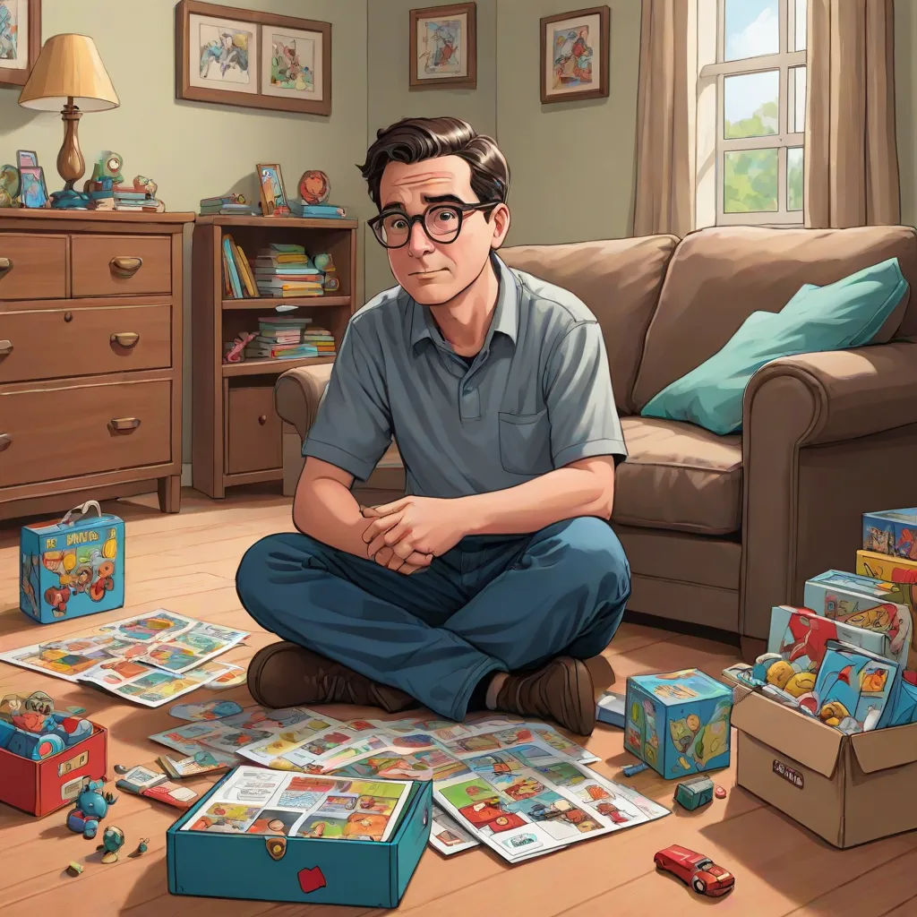 a man sitting on the floor surrounded by toys and a box of cards and a box of cards in front of him, Aaron Jasinski, serial art, a character portrait, promotional image