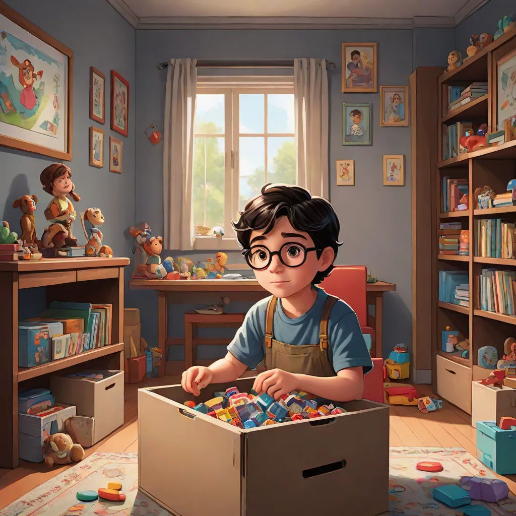 a boy in a room with a box of toys in it and a teddy bear on the wall behind him, Chris LaBrooy, photorealism, a storybook illustration, official art