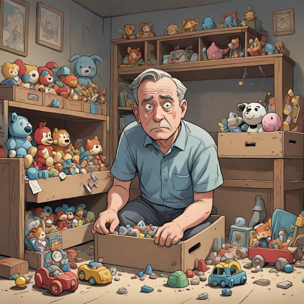 a man sitting in a box surrounded by toys and stuffed animals in a room with a shelf full of stuffed animals, Chris LaBrooy, auto-destructive art, a storybook illustration, josan gonzales and dan mumford