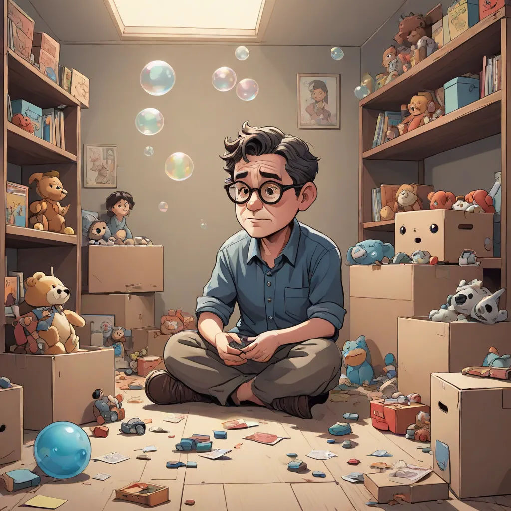 a man sitting on the floor surrounded by boxes and bubbles of soapy water in a room with teddy bears, Diego Gisbert Llorens, serial art, a storybook illustration, rossdraws global illumination