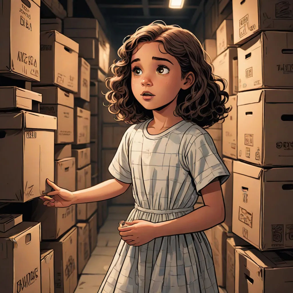 a girl in a room full of boxes looking at something with a surprised look on her face and hands, a comic book panel, Clarice Beckett, context art, comic cover art
