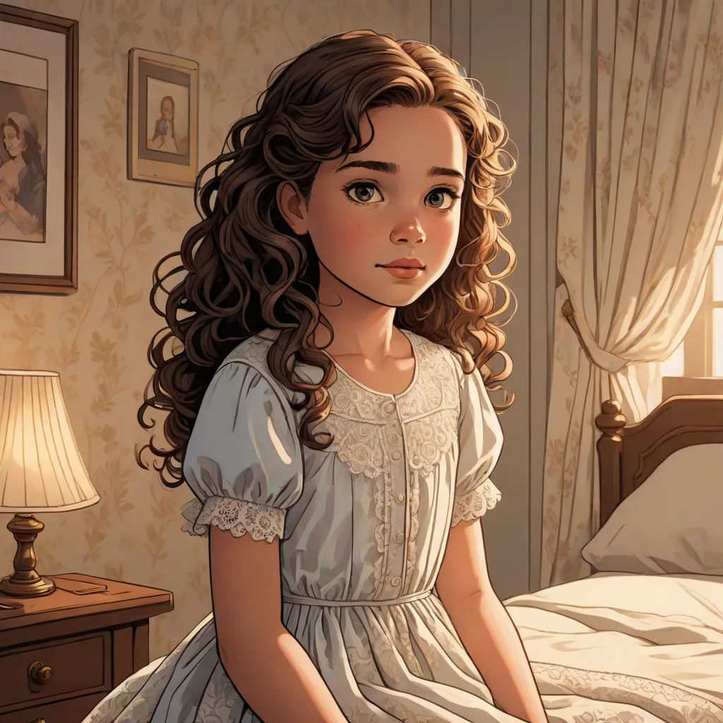 a girl sitting on a bed in a room with a lamp and a picture on the wall behind her, a storybook illustration, Clarice Beckett, photorealism, kinkade