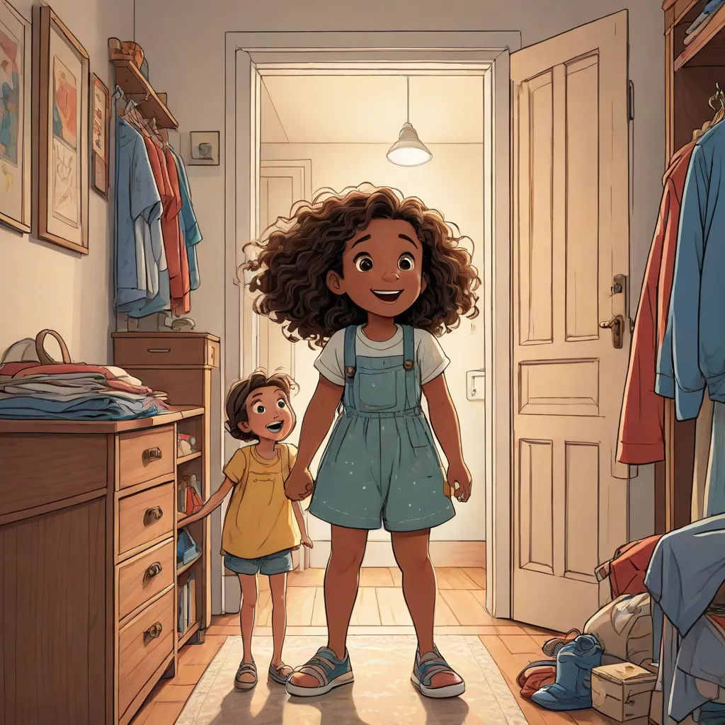a little girl and a little boy standing in a room with a closet and clothes on the walls and a closet door, a storybook illustration, Chris LaBrooy, process art, official art