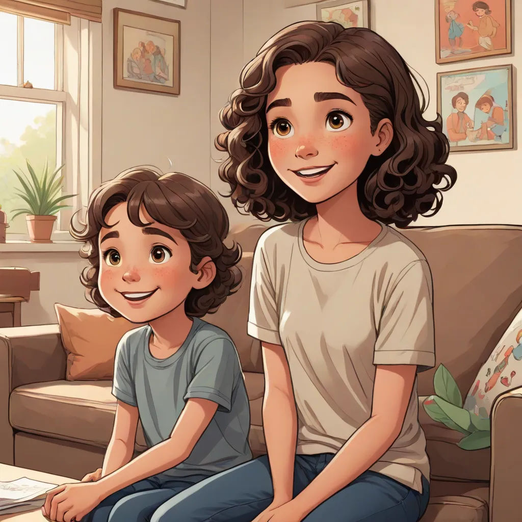 a woman and a child sitting on a couch in a living room with a laptop computer on the floor, a storybook illustration, Diego Gisbert Llorens, serial art, official art