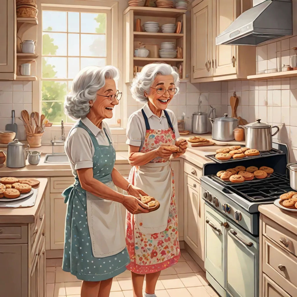 a painting of two women in a kitchen cooking together and smiling at each other while holding a tray of donuts, a storybook illustration, Bob Byerley, american scene painting, highly detailed digital painting