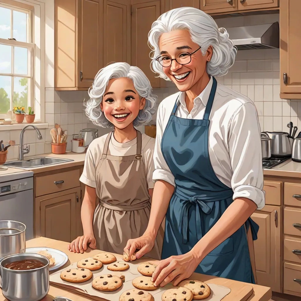 a painting of an older woman and a young girl making cookies together in a kitchen with a pan of chocolate chip cookies, a storybook illustration, Alson S. Clark, american scene painting, storybook illustration