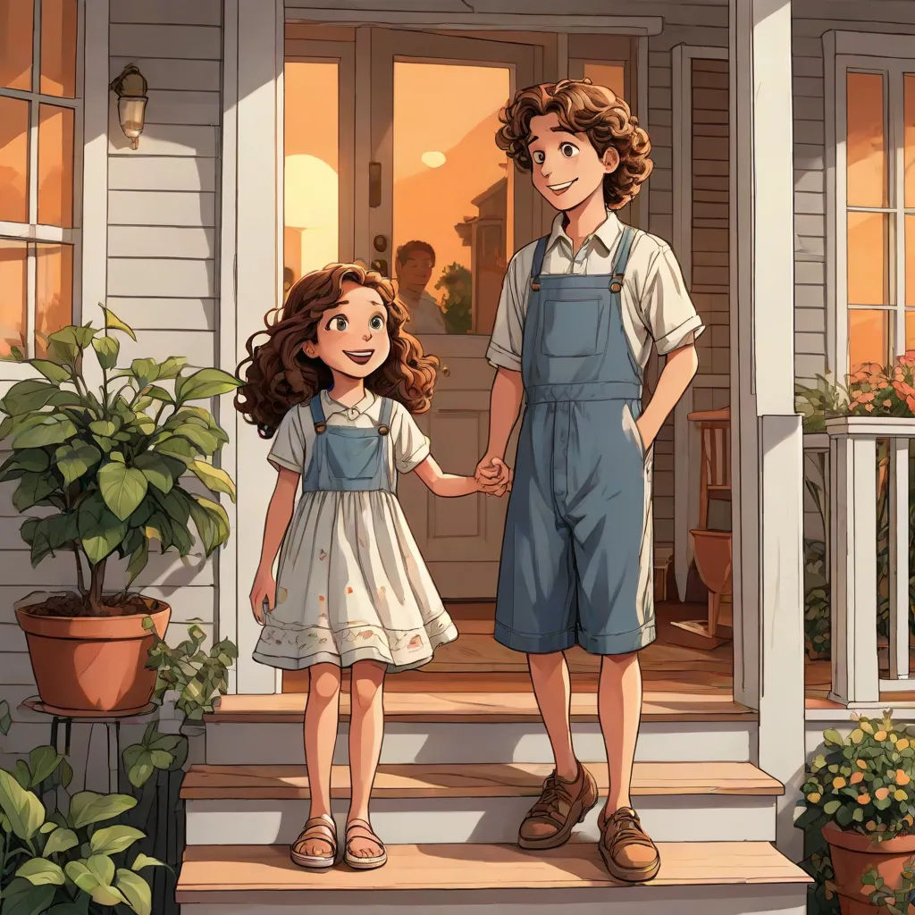 a boy and a girl are standing on the steps of a house holding hands and smiling at each other, a storybook illustration, Brothers Hildebrandt, magic realism, official art