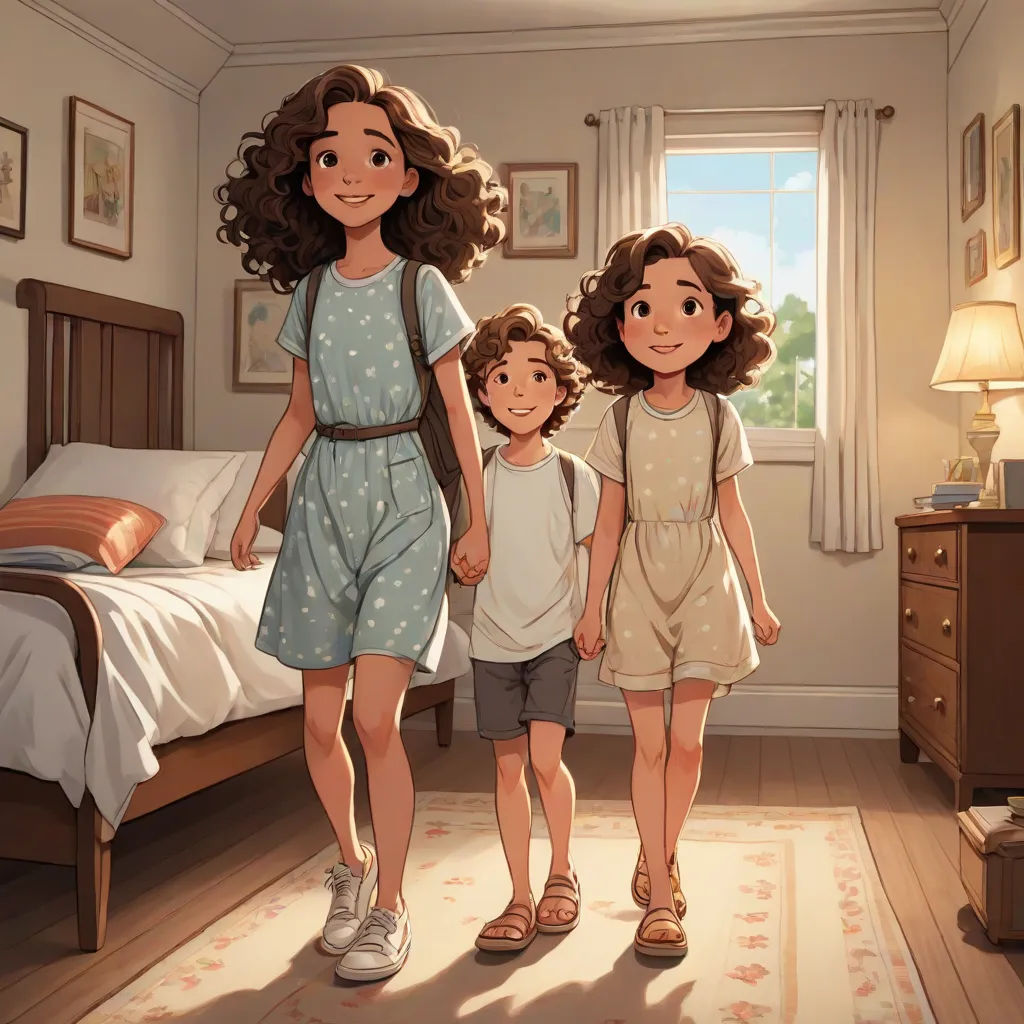 a family of three standing in a bedroom next to a bed and a dresser with a lamp on it, a storybook illustration, disney, photorealism, cushart krenz