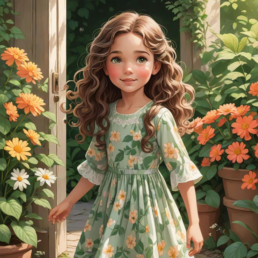 a painting of a little girl in a green dress standing in front of flowers and a doorway with a door, a storybook illustration, Alice Prin, photorealism, trending on art station