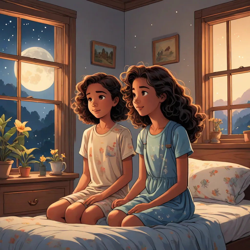 two girls sitting on a bed looking out the window at the night sky and stars in the sky above them, a storybook illustration, Ella Guru, magical realism, storybook illustration