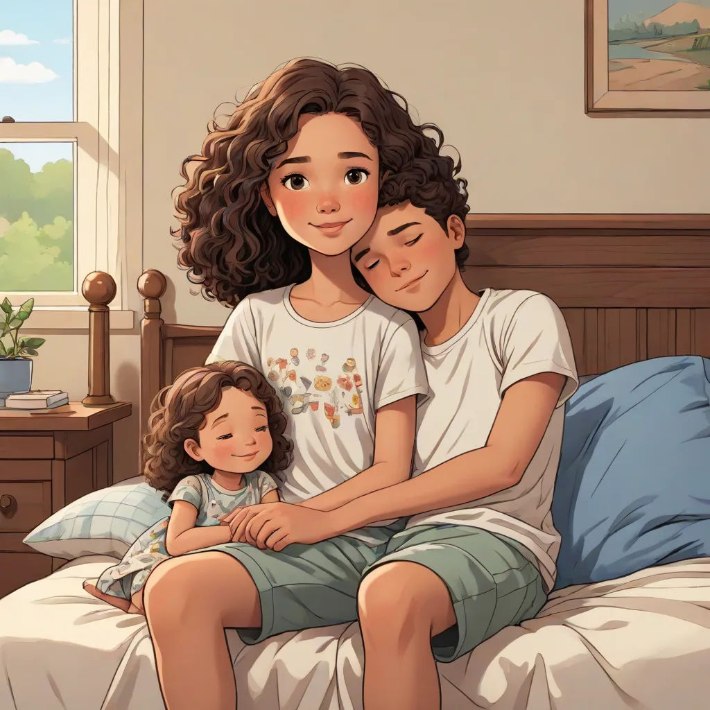 a woman and a child sitting on a bed together, with a window in the background and a painting of a woman holding a child, a storybook illustration, Diego Gisbert Llorens, lyco art, storybook illustration