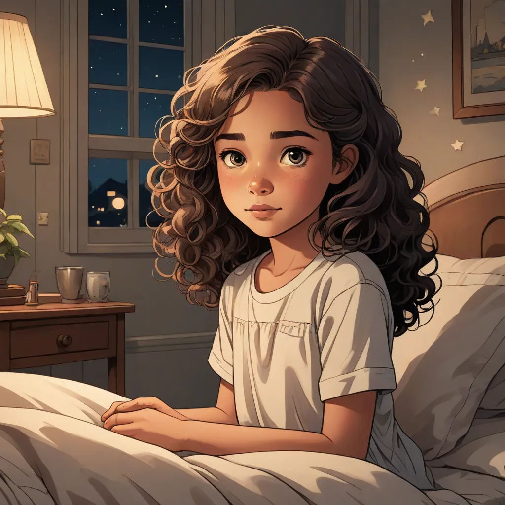 a girl sitting in bed looking at the camera with a night sky in the background and stars on the wall, a storybook illustration, Constance Gordon-Cumming, photorealism, soft lighting