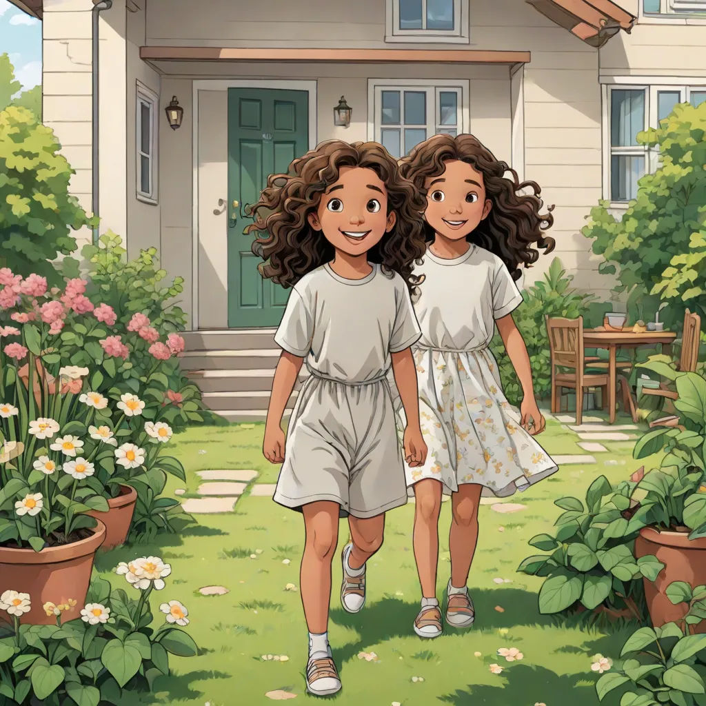 two girls walking in front of a house with flowers in the yard and a house in the background with a door, a storybook illustration, Brothers Hildebrandt, american scene painting, official art