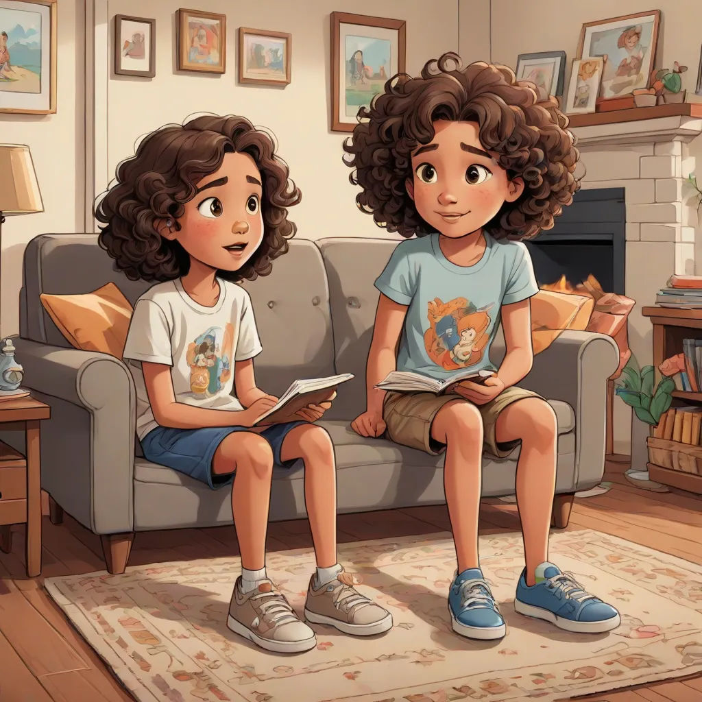 a couple of kids sitting on a couch in a living room reading a book together with a fireplace in the background, a storybook illustration, Diego Gisbert Llorens, serial art, storybook illustration