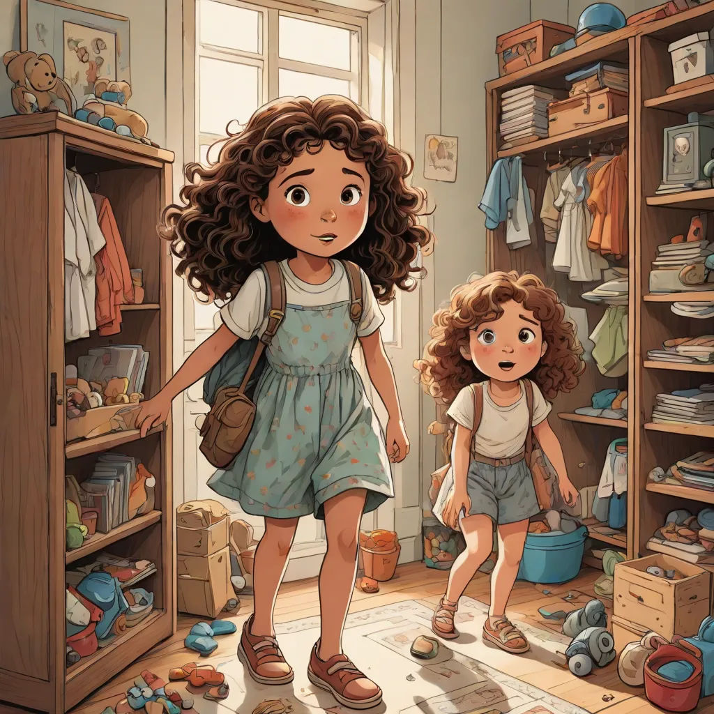 a little girl and a girl standing in a closet with a teddy bear on the floor and a teddy bear on the floor, a storybook illustration, Diego Gisbert Llorens, photorealism, storybook illustration