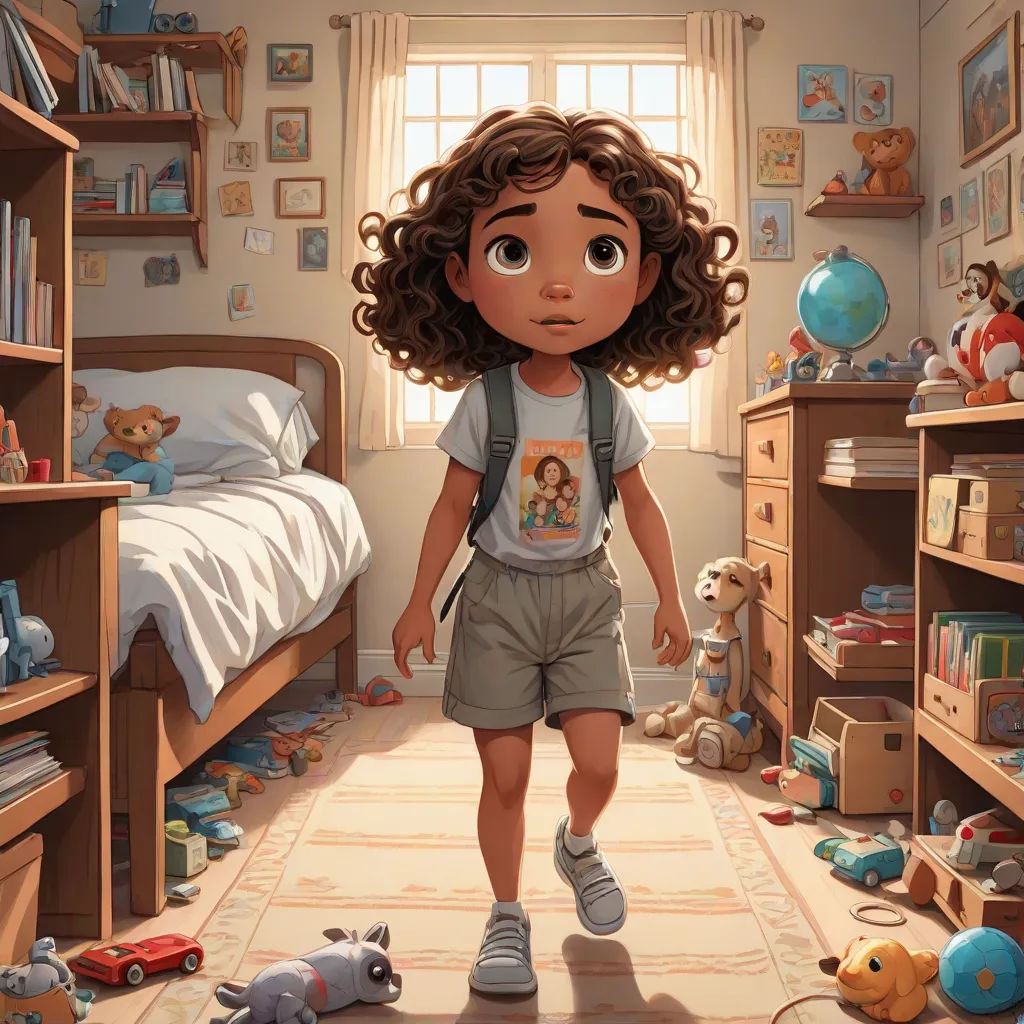 a cartoon girl walking through a bedroom with toys on the floor and a bed in the background with a window, a storybook illustration, Chris LaBrooy, photorealism, pixar and disney animation