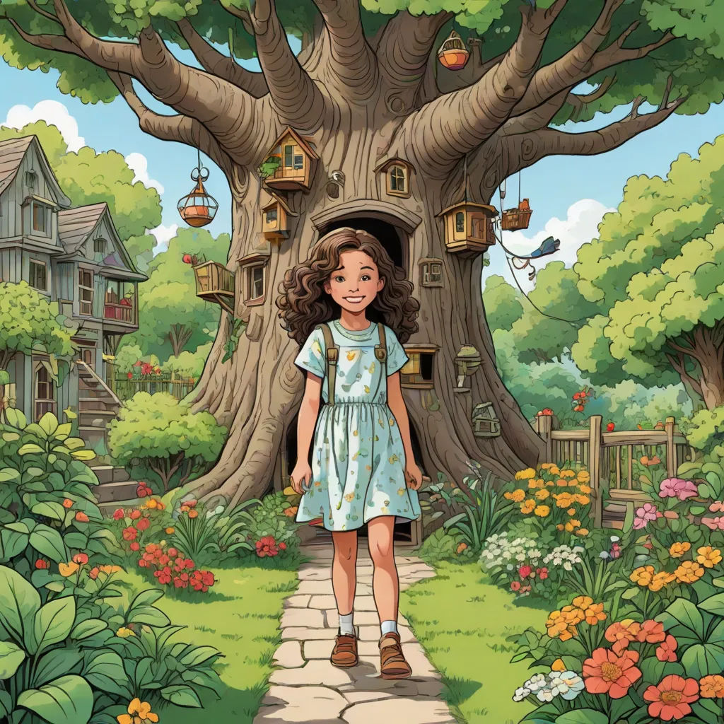 a girl standing in front of a tree with a birdhouse on it's trunk and a birdhouse on the tree, a storybook illustration, Elinor Proby Adams, magical realism, storybook illustration