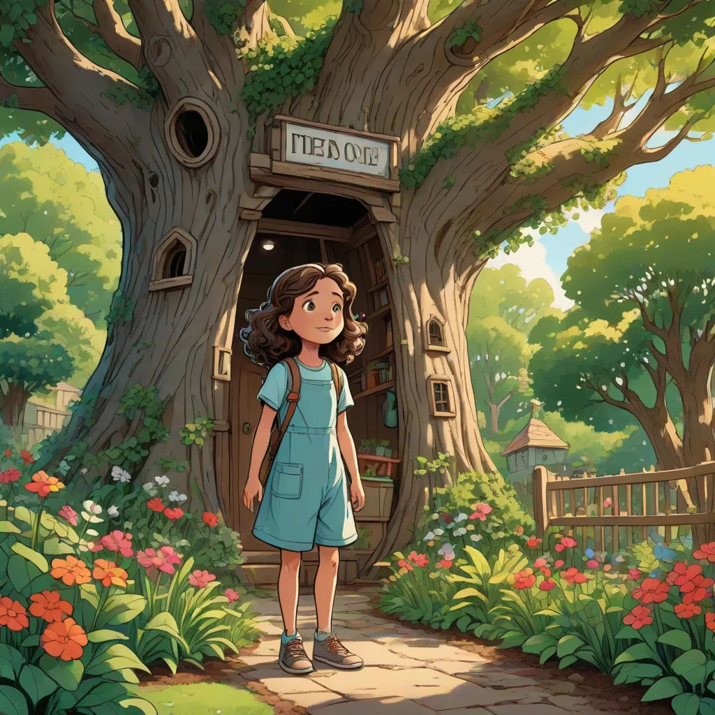 a girl standing in front of a tree house in a cartoon style with a sign on it that says, welcome to the park, a storybook illustration, Aaron Jasinski, magical realism, promotional image