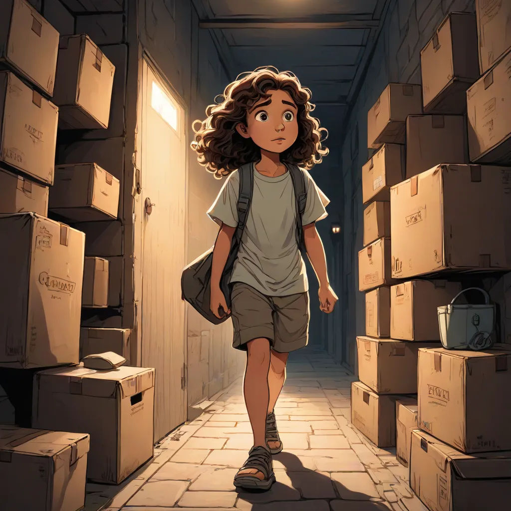 a young girl walking through a hallway with boxes on the floor and a backpack on her back, in a cartoon style, poster art, Asaf Hanuka, process art, rossdraws global illumination