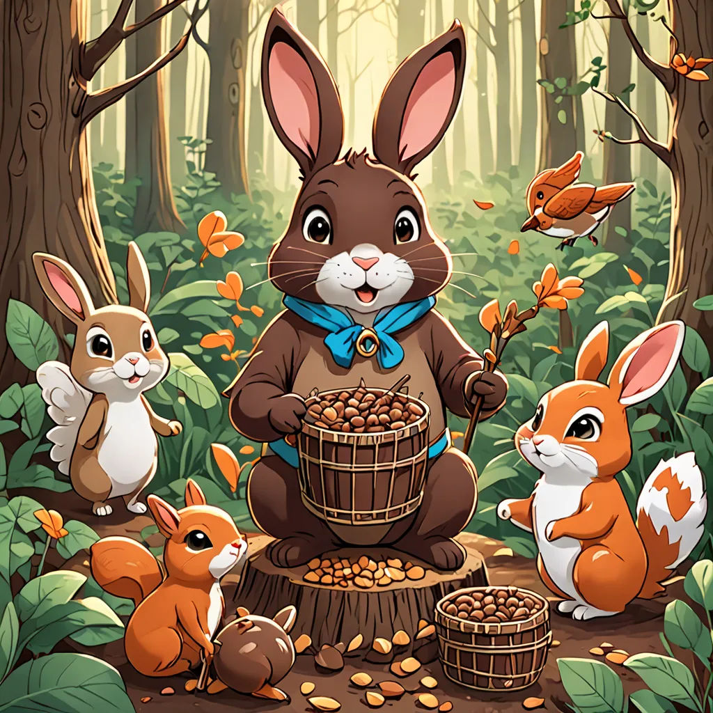 a rabbit with a bow tie is sitting on a stump with other rabbits in the woods and eating nuts, furry art, a storybook illustration, Dan Mumford, official art