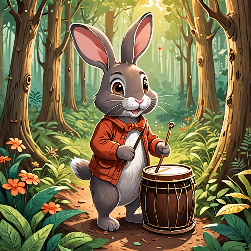 a rabbit playing a drum in the forest with a forest background and flowers around it, with a forest scene in the background, furry art, a storybook illustration, Chris LaBrooy, official art