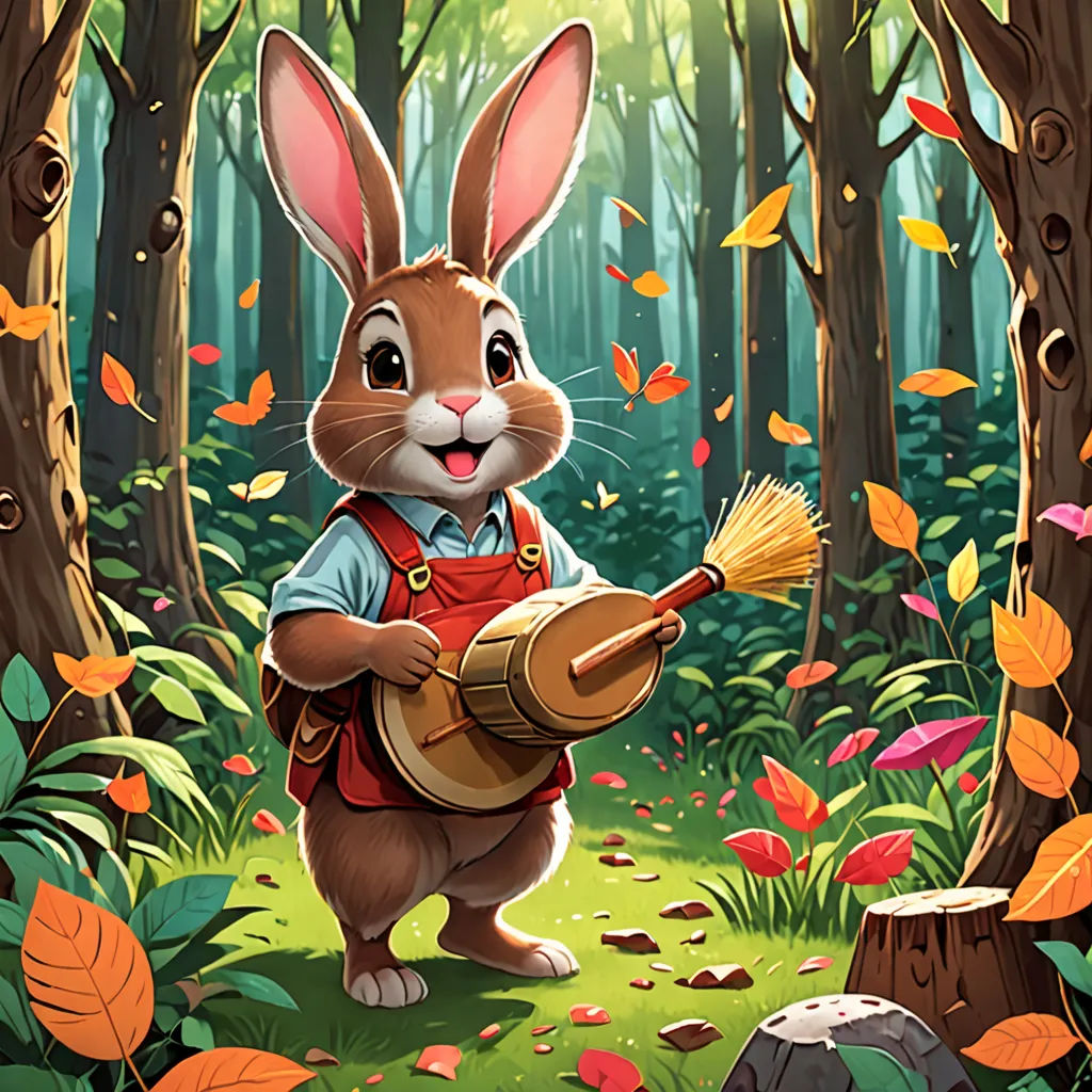 a rabbit in the woods with a broom and a bucket in his hand, holding a paintbrush and a paintbrush, furry art, a storybook illustration, Chris LaBrooy, official art